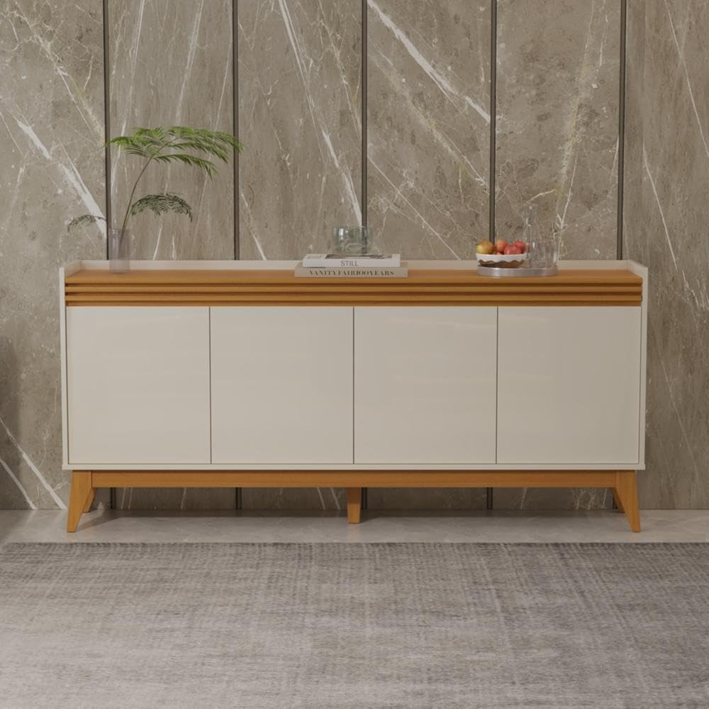 Buffet Aparador Ripado 4 Portas com Pés de Mdf 180cm - Off white/ Cedro
