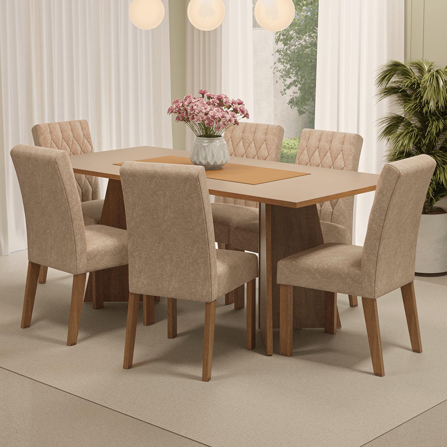 Conjunto Sala de Jantar Mesa Tampo de Madeira + 6 Cadeiras